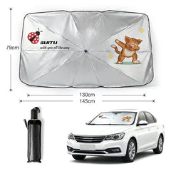 Umbrelă parasolar auto pentru parbriz, cu strat de argint titan anti-UV, izolație termică și imprimeu cu animale animate, design pliabil retractabil