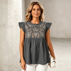 🌸👚Tricou din in cu broderie și mâneci tip fluturaș