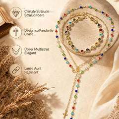 🛍️ Set de colier stratificat trei într-unul: zirconiu cubic colorat și pandantiv cruce ✨ Choker din cristale colorate, emanând farmec luxos | Elegant și versatil, poate fi purtat separat