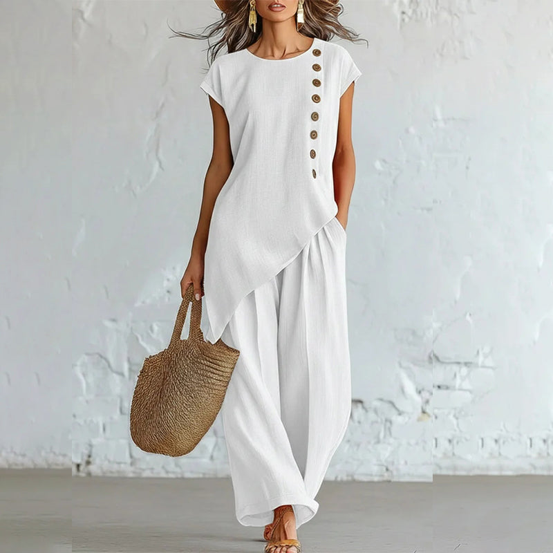 ✨Set Casual de Vară cu Design Asimetric și Nasturi Laterali, Top fără Mâneci și Pantaloni Largi, Stil Boho-Chic