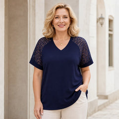 🛍️ Eleganță de Vară! Tricou Plus Size cu Inserții de Dantelă și Decolteu în V | L-5XL