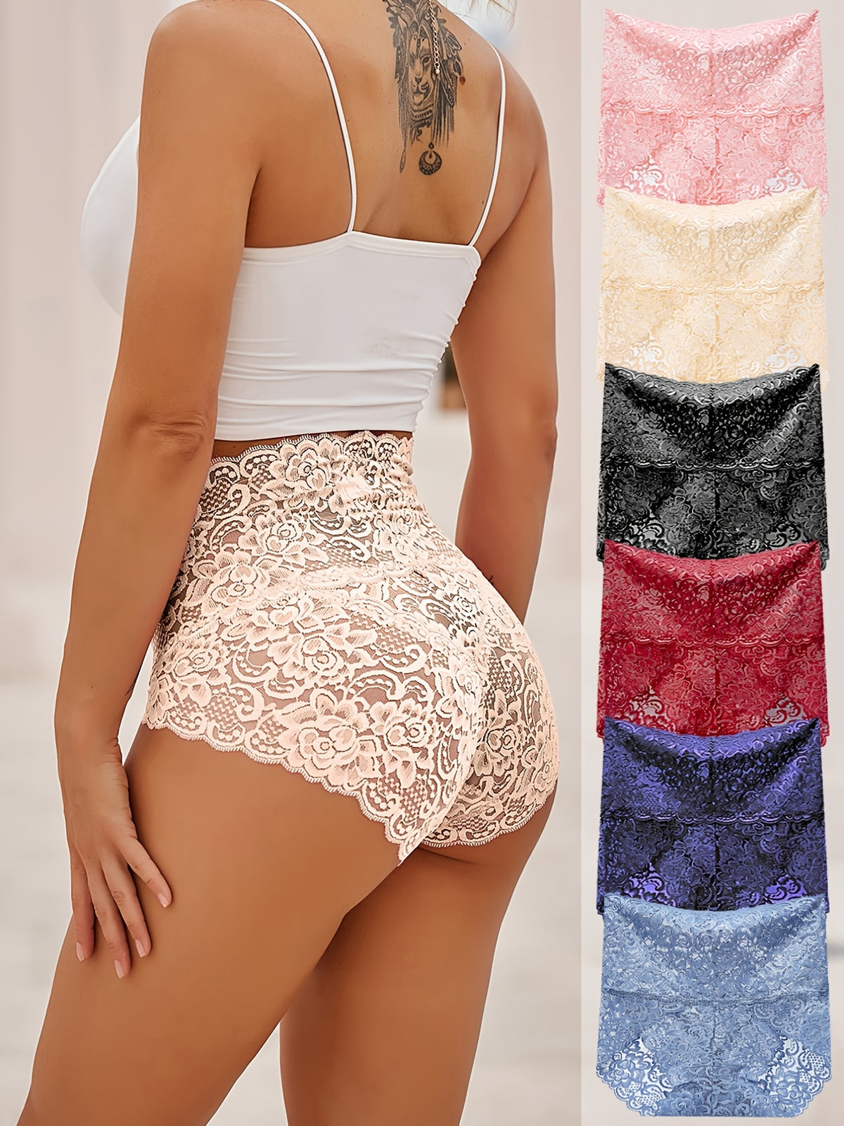 🩲Set de șase perechi de chiloti din dantelă, talie înaltă, confortabili și respirabili, model sexy