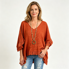 👚 Bluză de Vară din Bumbac Pur 100% – Decolteu în V, Volane Elegante, Croială Lejeră Anti-Burtiță, 6 Culori, Mărimi S-5XL! ☀️🍃