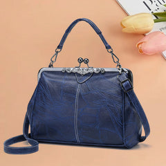 Geantă de Damă din Piele Naturală, Stil Retro cu Clemă Metalică, Design Elegat Crossbody și de Mână