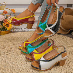 👡🌈Sandale de vară, model nou – toc gros, design în culori combinate, moderne și stilate