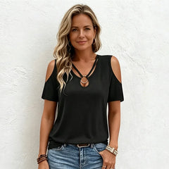 Tricou de Damă Sexy cu Umerii Gol și Inel Metalic – Bluză Casual de Vară, Material Moale, Respirabil și Elastic