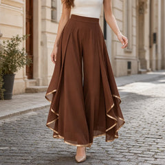 Pantaloni fustă eleganți din voal, cu talie înaltă și volane asimetrice, lejeri și transparenți, stil retro franțuzesc