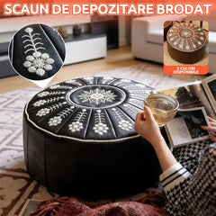 🪑 Taburet de depozitare din piele naturală cu broderie vintage elegantă