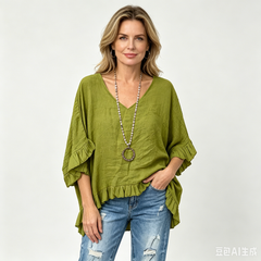 👚 Bluză de Vară din Bumbac Pur 100% – Decolteu în V, Volane Elegante, Croială Lejeră Anti-Burtiță, 6 Culori, Mărimi S-5XL! ☀️🍃