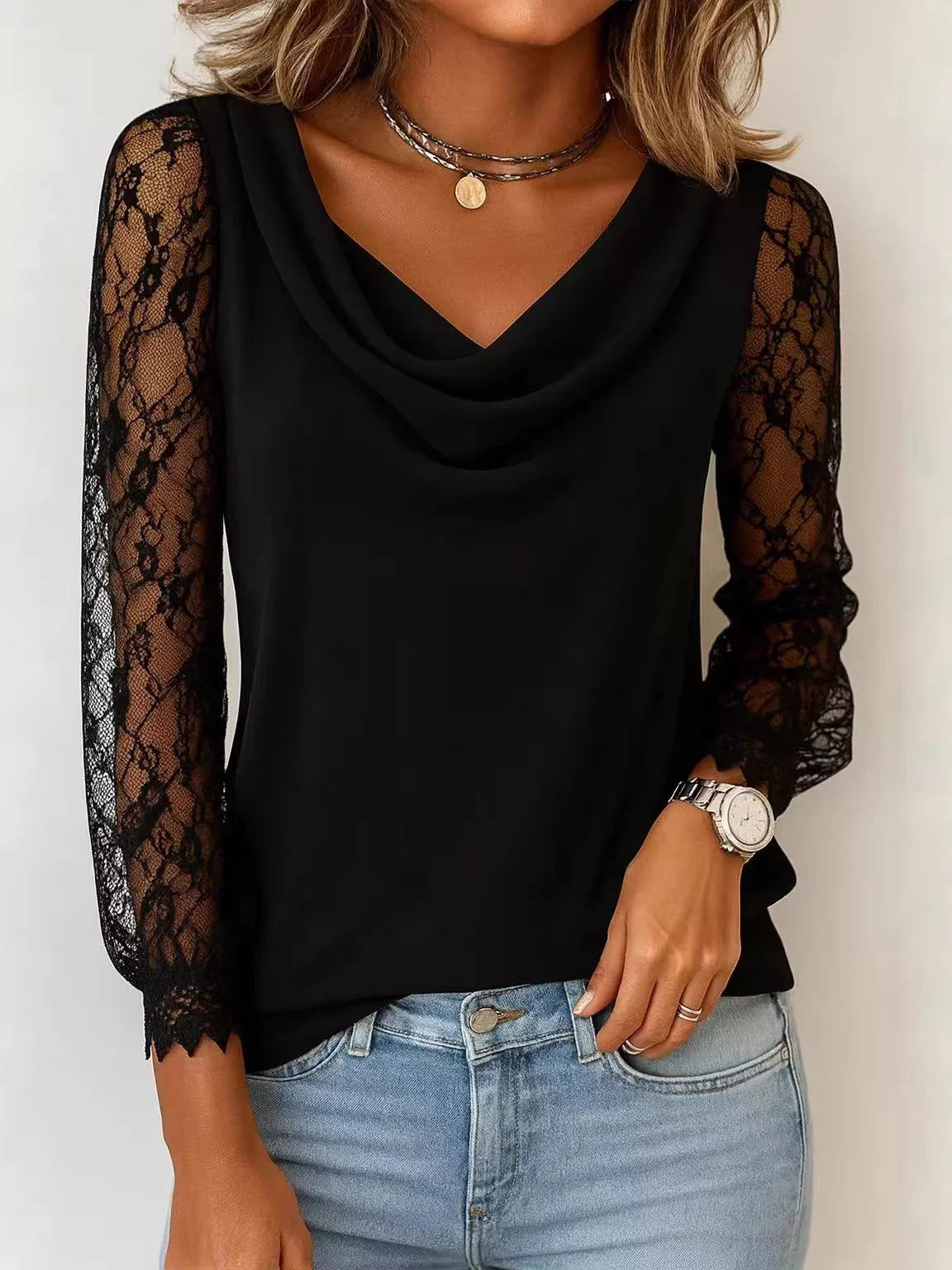 👕 Bluză Elegantă cu Guler Capotă și Mâneci din Dantelă – Material Moale și Fluid, Efect de Subțiere, 5 Culori, S-5XL! ✨🍂