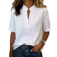 🥰【S-3XL】👕2026 Noua cămașă casual cu decolteu în V, mânecă scurtă, culoare solidă pentru femei