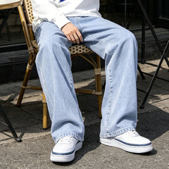 Pantaloni din denim retro pentru bărbați, model spălat, uni, croială largă și dreaptă, stil casual versatil