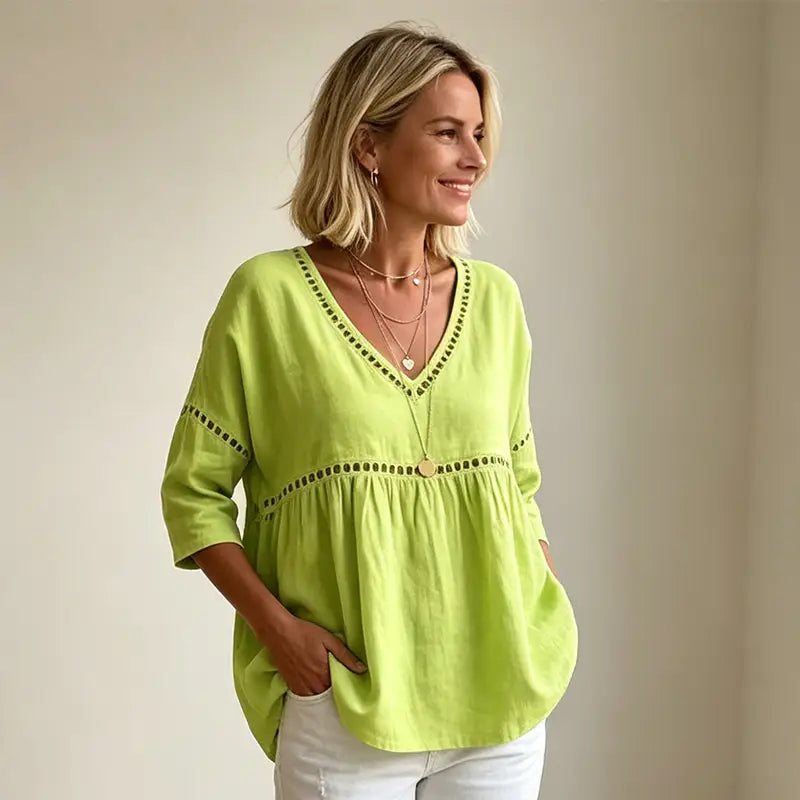 ✨Bluză de Vară Oversize Babydoll din In și Bumbac – Decolteu în V cu Dantelă Decupată, Mâneci 3/4, Lejeră și Respirabilă