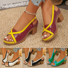 👡🌈Sandale de vară, model nou – toc gros, design în culori combinate, moderne și stilate