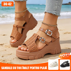 Sandale Elegante cu Toc Înalt și Talpă Groasă, Textură Împletită, Efect de Alungire, Ideale pentru Vară