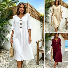 👗 Rochie elegantă din bumbac și in, cu mâneci tip volănaș