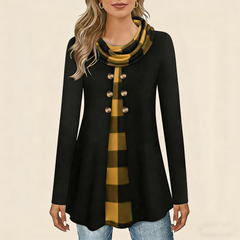 Elegáns női ál-kétrészes felső – magas nyakkal és gombos díszítéssel