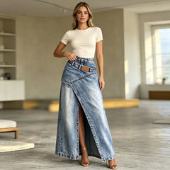 🥇【S-3XL】Fustă lungă din denim la modă, cu design cu șliț și curea în mai multe straturi