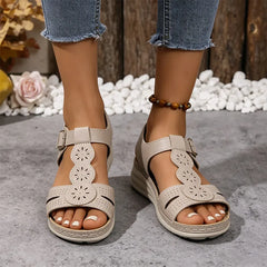 Sandale de Damă cu Talpă Ortopedică Moale, Design Casual de Vară cu Perforații Florale, Curea Reglabilă cu Cataramă, Stil Confortabil