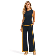 Set Elegant din Doută Piese pentru Femei - Top Fără Mâneci și Pantaloni Largi cu Margini Contrastante, Stil Casual de Vară