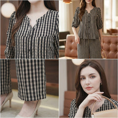 ✨Set Clasic de Damă cu Imprimeu în Carouri, Bluză cu Guler în V și Pantaloni Largi, Croială Elegante, Mărimi M-4XL