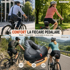 Șa Bicicletă Universală MTB, Extra Lată și Confortabilă cu Spumă cu Memorie – Design Ergonomic Respirabil cu Decupaj Central și Bile Antişoc pentru Drumuri Lungi