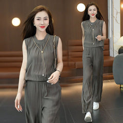🏆【Top + Pantaloni】✨Set nou de două piese, top fără mâneci de vară și pantaloni largi casual