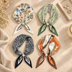 ✨ Set 4 Eșarfe Înguste din Mătase – Eleganță și Rafinament pentru Primăvară-Vară! Material Fin, Versatile, Ideale pentru Gât, Păr sau Geantă!