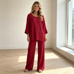 Compleu de Vară din 2 Piese pentru Femei – Bluză Lejeră și Pantaloni Lungi cu Șnur, Material Moale, Respirabil și Confortabil, Stil Casual-Elegant