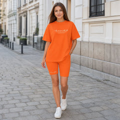Set de Damă din 2 Piese cu Tricou Oversized și Pantaloni Scurți de Biciclist, Material Elastic, Respirabil și Moale