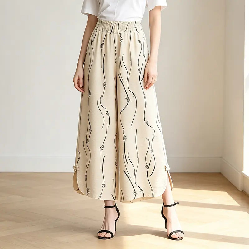 Pantaloni Largi de Damă cu Talie Înaltă Flexibilă, Imprimeu Abstract Elegant, Șliț Lateral cu Nasturi Tradiționali, Material Fluid și Răcoros de Vară