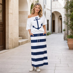 【Hit de Vară 2026】Set Casual în Stil Marin: Tricou din Bumbac cu Imprimeu Anchor + Fustă Lungă în Dungi, Mărimi S-5XL! ⚓💙