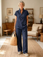✨Set de Damă din In și Bumbac – Bluză cu Mânecă Scurtă și Pantaloni Largi, Stil Casual Elegant de Vară