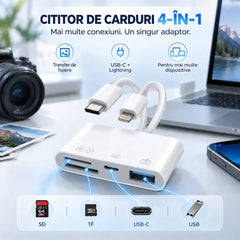 ⚡ Adaptor & Cititor de Carduri Multifuncțional 4-în-1 (USB-C + Lightning) – Transfer Rapid de Date pentru iPhone, iPad, Android și Laptop fără Aplicații!