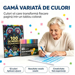 🛍️ Set Carte de Colorat Antistres "100 Patterns Mindful Coloring" 🎨 Pictură pe Numere pentru Adulți și Seniori | 100 de Modele (Flori, Mandale) + Set Carioci Include, Antrenament Cerebral & Relaxare