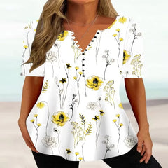 👕 Tricou Casual de Vară din Bumbac cu Imprimeu Floral – Decolteu în V cu Nasturi, Croială Lejeră Anti-Transpirație, 6 Culori, Mărimi S-4XL! 🌸🍃