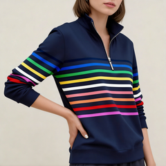 Elegáns csíkos női pulóver félcipzáros nyakkal – kényelmes és stílusos