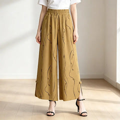 Pantaloni Largi de Damă cu Talie Înaltă Flexibilă, Imprimeu Abstract Elegant, Șliț Lateral cu Nasturi Tradiționali, Material Fluid și Răcoros de Vară