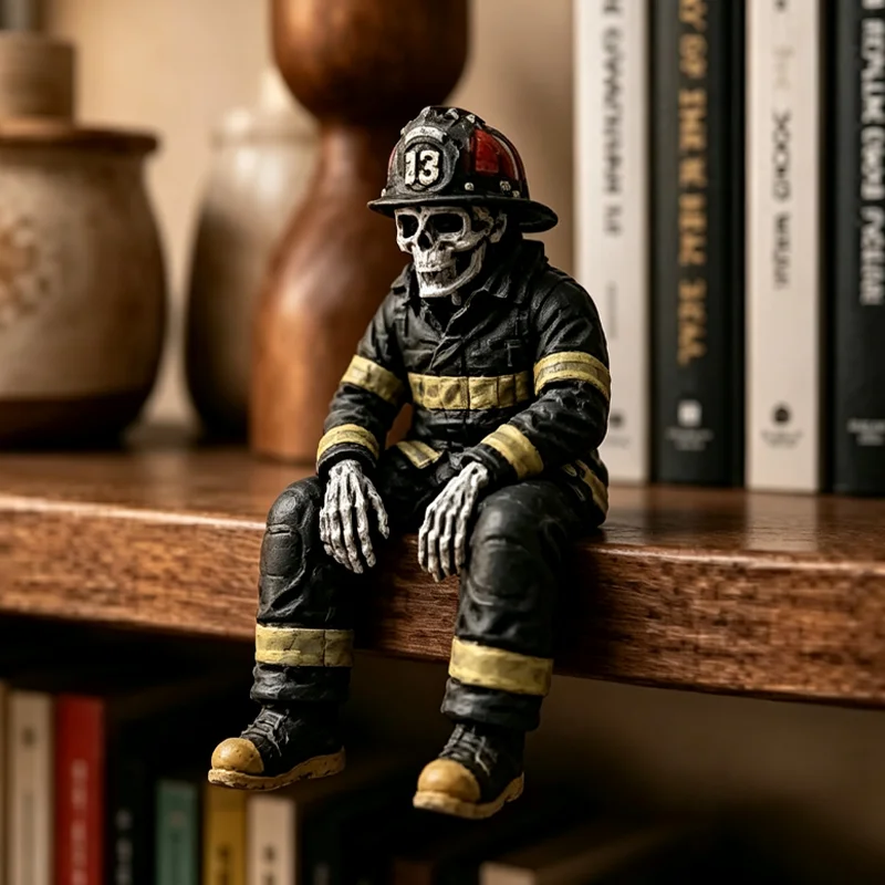 Statuetă Schelet Pompier, Polițist sau Militar pentru Raft, Decor Creativ de Craniu Așezat, Cadou și Ornament Halloween