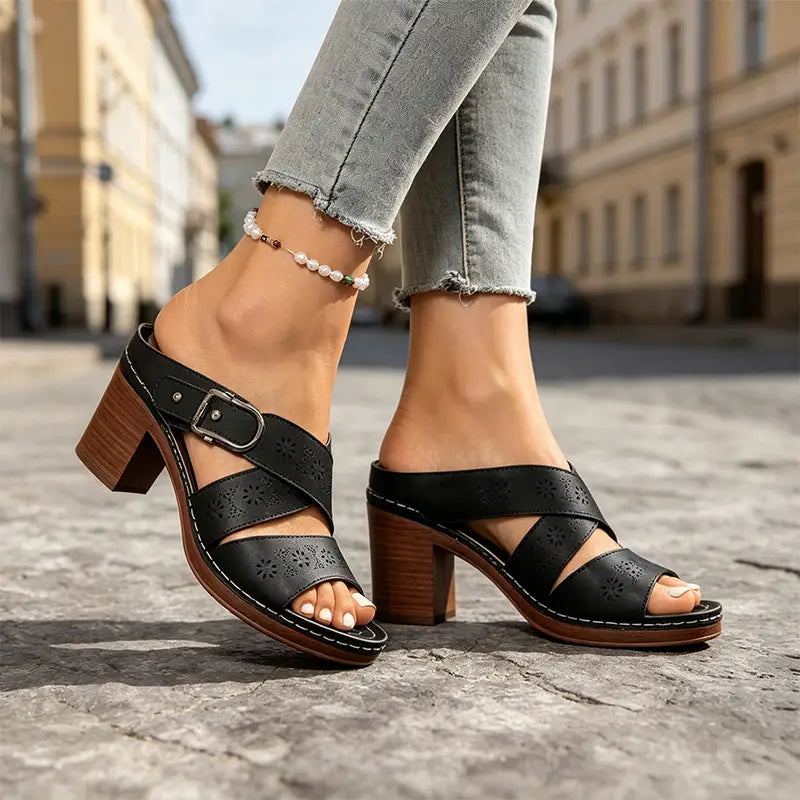 ✨Sandale Retro cu Toc Gros și Decupaje – Eleganță Stabilă și Mers Fără Oboseală! 👡