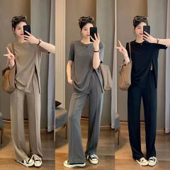 🔥【Top + pantaloni】（M~4XL）👕👖Set nou de pantaloni largi pentru femei, de vară, la modă, mărime plus, lejeră
