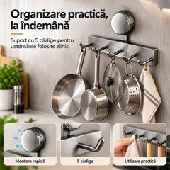 🍳 Suport Cu Cârlige Cu Ventuză Vacuum – Instalare Instant Fără Găurire, Susținere Puternică și Reutilizabil!