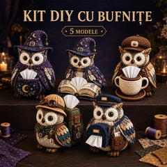 🛍️ Kit DIY Cusut Manual: Cutie de Șervețele "Bufnița și Culegerea de Magie" (Owl Spell Book) 🦉 Deco de Poveste & Kit Complet All-in-One | 5 Modele Magice, Cadoul Perfect pentru Pasionații de DIY