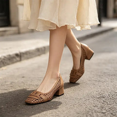 👡 Pantofi eleganți franțuzești cu vârf pătrat, decupaje și toc gros