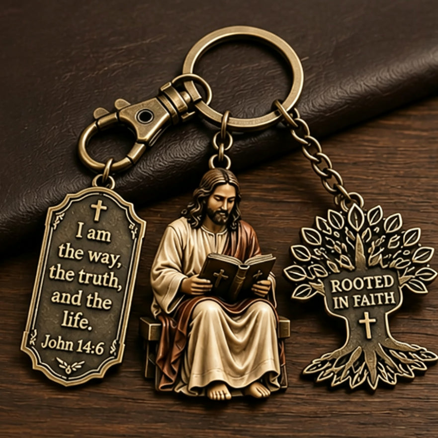Breloc Creștin din Metal Bronz: Iisus Citind Biblia, Copacul Credinței și Versetul Ioan 14:6, Cadou Religios Deosebit