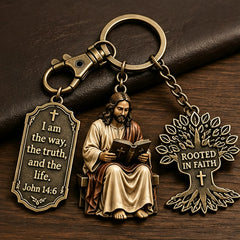 Breloc Creștin din Metal Bronz: Iisus Citind Biblia, Copacul Credinței și Versetul Ioan 14:6, Cadou Religios Deosebit