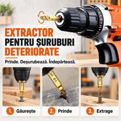 🔩 Set 6 Extractoare de Șuruburi Deteriorate din Oțel HSS 4341! Cap Dublu (Găurire și Extragere) · Potrivit pentru Șuruburi Uzate, Rupte sau Ruginite · Cutie Portabilă Inclusă!