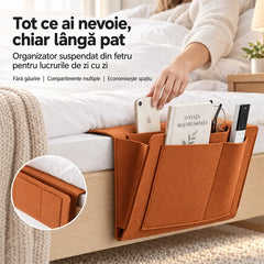 🛏️ Organizator Suspendat din Fetru pentru Pat și Canapea – Fără Găurire, Compartimentare Inteligentă & Orificiu pentru Cablu!