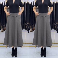 Elegáns, magas derekú gyapjú hatású midi szoknya – aszimmetrikus díszgombos kialakítással