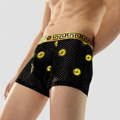 Set 4 Perechi Boxeri de Bărbați Premium din Mătase de Gheață, Lux Black & Gold, Ultra-Respirabili cu Plasă, Elasticitate Ridicată